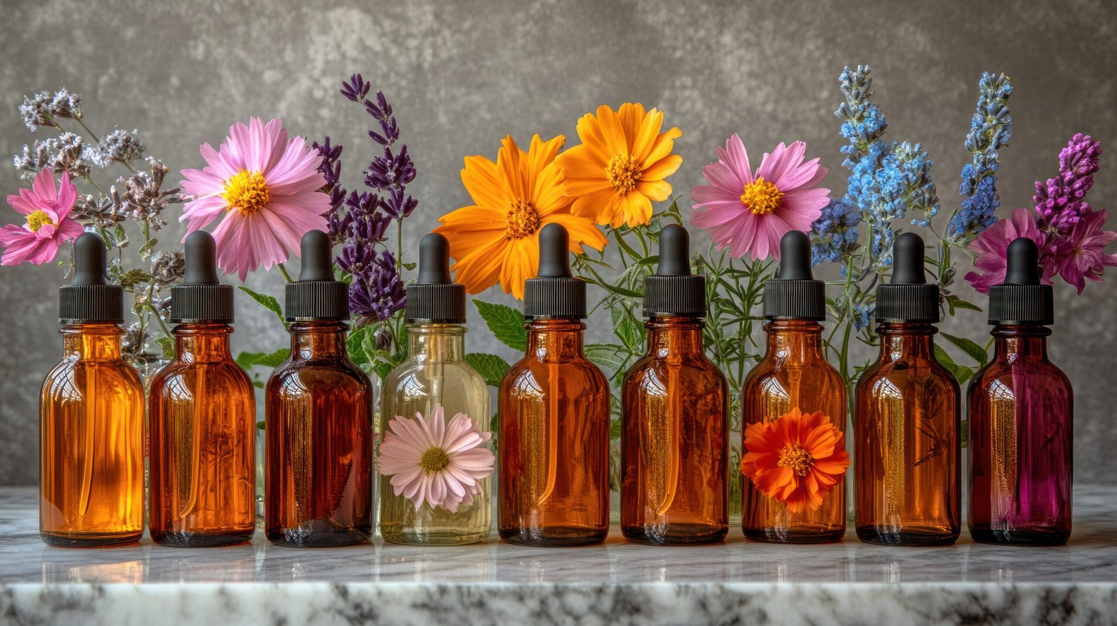 زيوت عطرية مركزة مستخلصة من النباتات مثل الزهور والأوراق